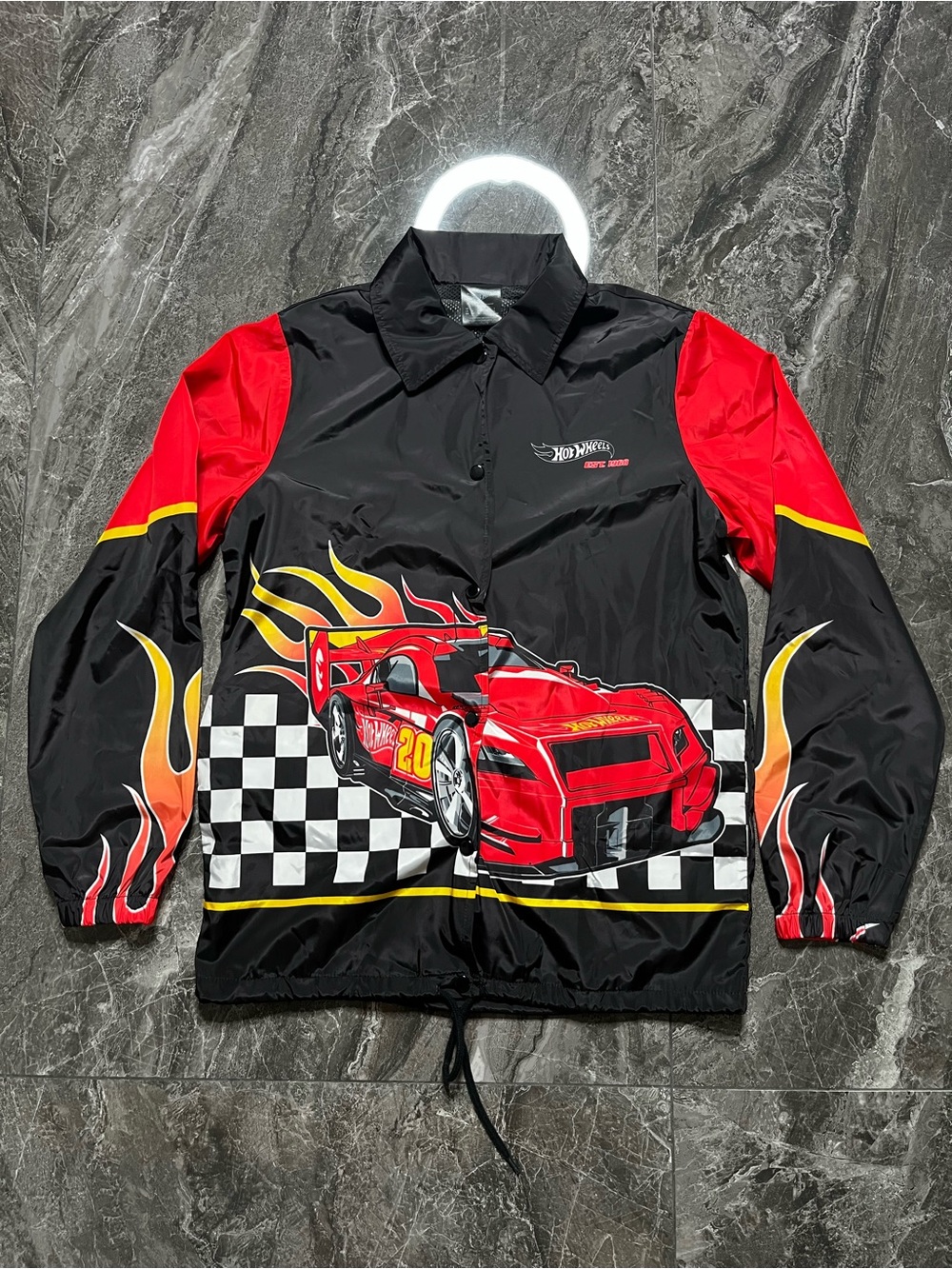 Hot Wheels Flame Racing Coach Windbreaker Jacket Black Red Checkered Mesh Small